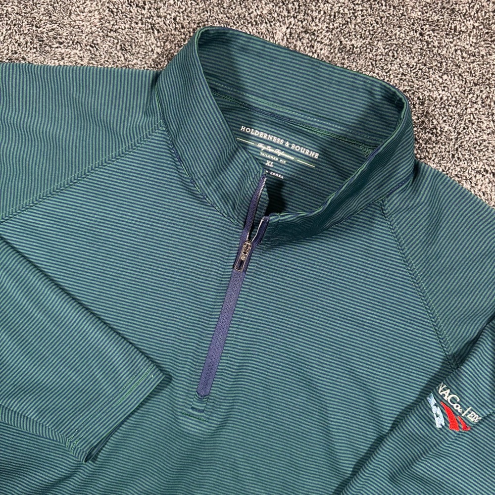 Holderness & Bourne 1/4 Zip Pullover Mens XL Green Striped Performance LOGO